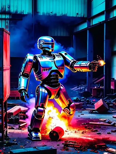 abandoned factory、robocop destroyed and dismembered、vomiting blood from the mouth、sparks and smoke coming from dismembered body ...