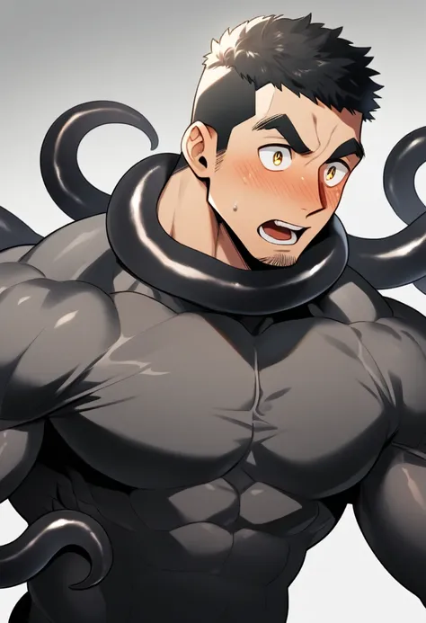 anime characters：superhero in tights, negro black skin, he was entangled by a large number of thick black tentacles, very stout,...