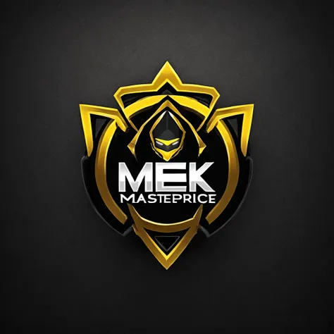 logomkrdsxl,an  edgy logo  3d with robô dourado e prata,  vector, text "mek",  best quality, masterpiece, brand, dark background...