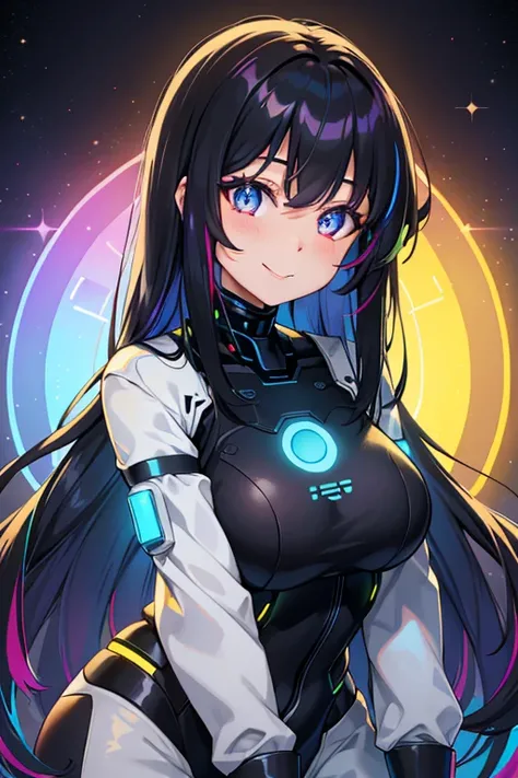 glowing android eyes, a beautiful cute 25yo woman, with a loving smile who is actually an AI, artificial intelligence,, rainbow hair, black hair, rainbow strands in hair, big 