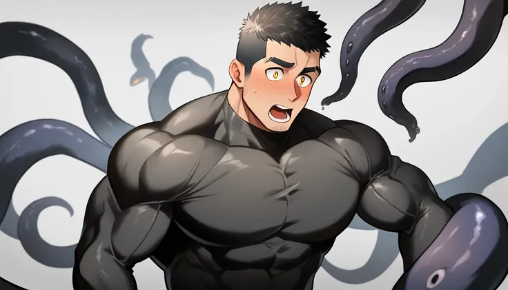 anime characters：superhero in tights, negro black skin, he was entangled by a large number of thick black tentacles, very stout,...