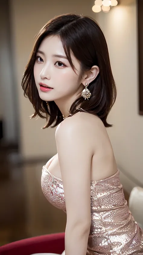 Western-style building, 1 female, Beautiful Japanese actresses, Age 25, Double Eyes,mile, Detailed face, Big earrings，Large Necklace, Flashy makeup using red eyeshadow，light brown delicate middle cut hair，the tips of the hair are wavy，Classy hairstyle，fine...