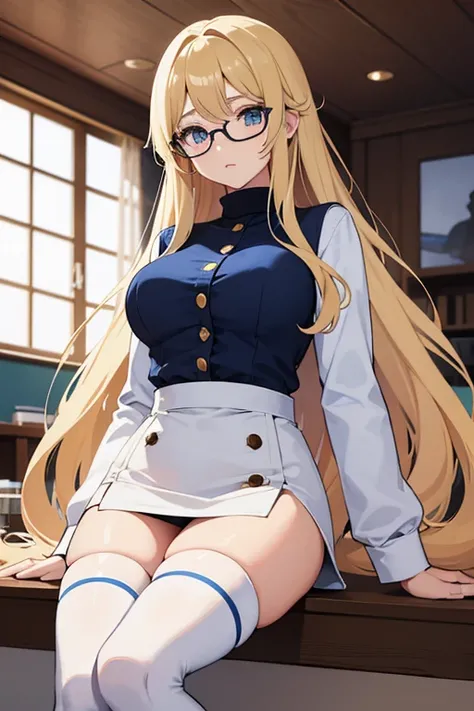 Anime echhi female d size cup with long blonde hair, wearing white cropped turtleneck with buttons, wearing blue miniskirt, wearing thigh high socks, wearing glasses in living room 