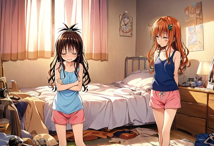 Masterpiece, highres, highest quality, illustration, ultra detailed, best quality, official art, grand prix award illustration, professional lighting, morning sunlight, messy bedroom, yuuki rito (larger, main focus) sleeping in bed, yuuki mikan, hair ornam...