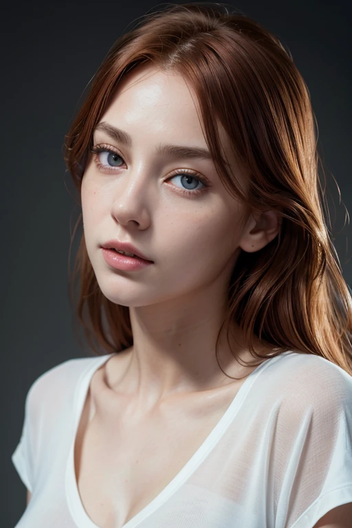 masterpiece、nsfw, super high quality、crystal clear、RAW UHD format、droopy eyes、high resolution glowing eyes、feminine body shape, redhead, highest quality, shirt, close, realistic skin texture, photo shoot, detailed facial features, Film grain texture and hi...