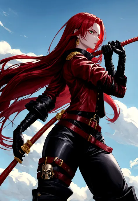 Anny D. Rouge has long vibrant red hair, inherited from Shanks, and intense green eyes. His presence is striking, with a tall and slender build. Wear a red leather jacket, with gold details, over a fitted black blouse. Your pants are tight and dark, secure...