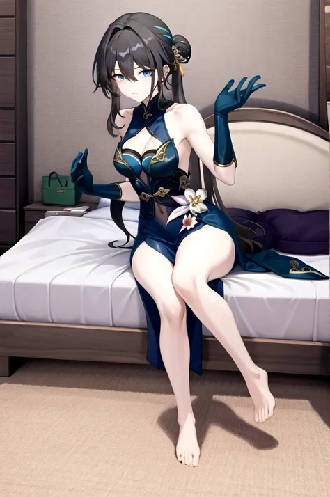 RUANMEI,Bangs,Long hair,skirt,Gloves,Hair between the eyes,Jewelry,Hair accessories,blue eyes,Black Hair,flower,black Gloves,blue skirt,indoors,bedroom,on the bed,A faint smile, 1 Girl,
,  (masterpiece,best quality:1.2),absurd，whole body,,pretty feet，Bare ...