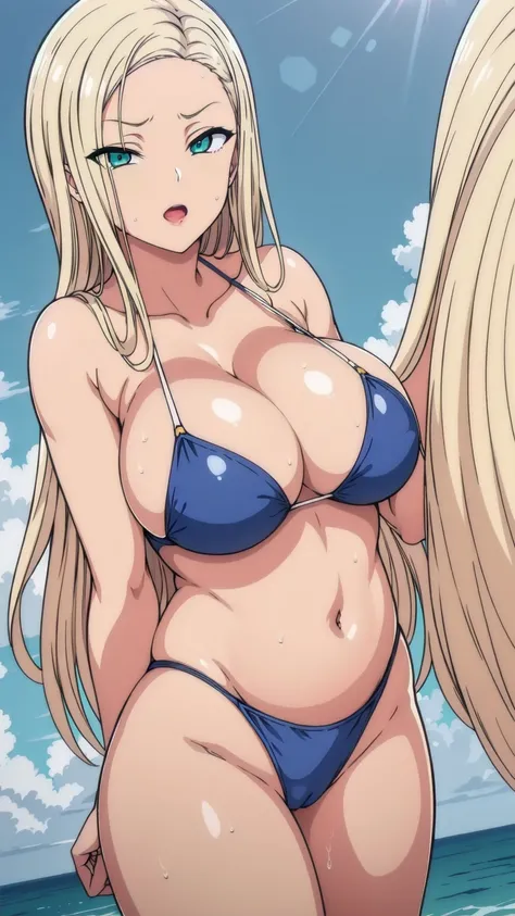 blonde_hair, green_eye,length_hair,Broke up_前hair,(narrow_Waist),looking at the viewer, blue theme, blue background, cloudy sky, sunlight, sweat, orgasmic, bikini swimsuit, large breasts, cleavage, belly button exposed, collarbone, thighs, sea ,