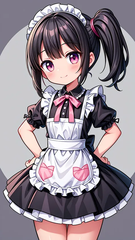 (Highest image quality), (highest quality), (masterpiece), (dynamic lighting), (photo realism), maid uniform, detailed face, ((loli)), ((girl)), (little curve), short black hair, one side ponytail hairstyle, pink eyes, ((very small bust)), (apron), smile, ...