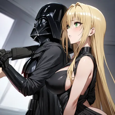 ((Highest quality)), ((masterpiece)), (detailed), （Perfect Face）、The woman is a female Darth Vader named Tiare, with green eyes, medium-long blonde hair, and is wearing a Darth Vader costume.、A woman is standing next to Darth Vader and being raped by him.