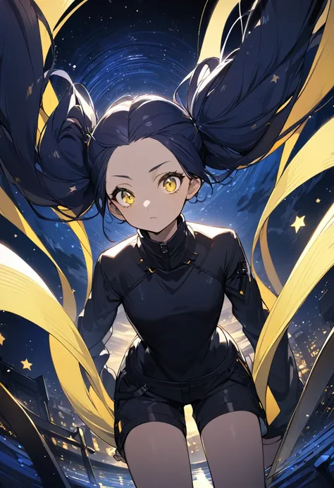 (One person,Very tall woman,Dark navy blue hair,Her hairstyle is twin tails that expose her forehead.,Medium chest,yellow eyes,Sharp Eye,Black Techwear,Shorts,Dynamic Angle,The background is a starry night)