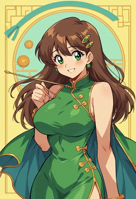 1980s, Retro,pc80,NSFW,Gold and green cheongsam with slits,One Woman, 27 years old, 28 years old, whole body,Full Art,Big Breasts,blush,smile,fine,Cute Liane, Chignon Cap,Chinese Taste,Brown Hair,Long Hair,Green eyes,Jade hairpin,Skirt flipped up by the wi...