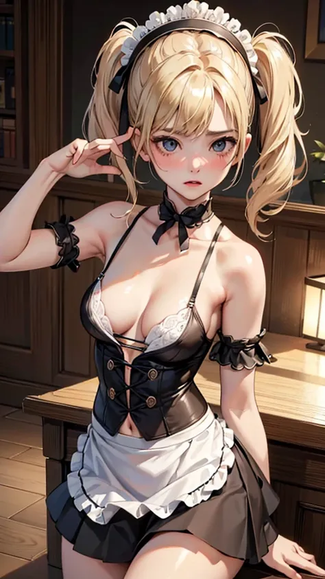 ((masterpiece, highest quality, Highest image quality, High resolution, photorealistic, Raw photo, 8K)), Ultra Wide Angle, blonde, maid dress, mini skirt, medium hair, onnanoko, (cleavage:1.3), (side boob:1.2), (wide waist:1.2), sexy thighs, naval, loose a...