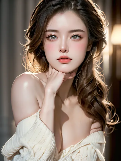 Highest quality, masterpiece, Ultra-high resolution, (Realistic:1.5), RAW Photos, 1 Girl, (Off the shoulder, In the Dark, Deep Shadow), secret key, Cold Light,Dimly lit room、 ((Sexy Looks)),  Small breasts、Loose off-shoulder chest、(((Place your right hand ...