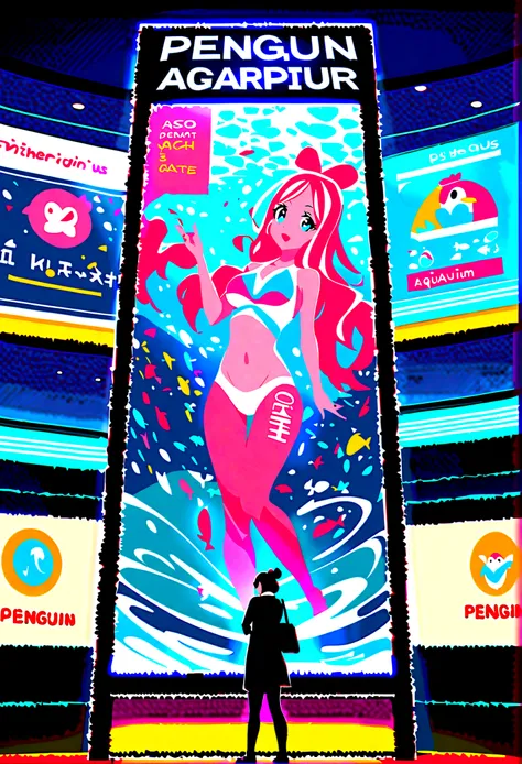 Aquarium background, a woman in an aquarium, interactive signage, tall signage, interactive art, digital signage, signage with penguin characters, penguin is a concierge, digital display, bright signage, LED The penguin in the display, signboard is looking...