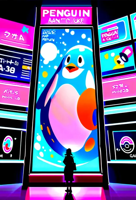 Aquarium background, a woman in an aquarium, interactive signage, tall signage, interactive art, digital signage, signage with penguin characters, penguin is a concierge, digital display, bright signage, LED The penguin in the display, signboard is looking...