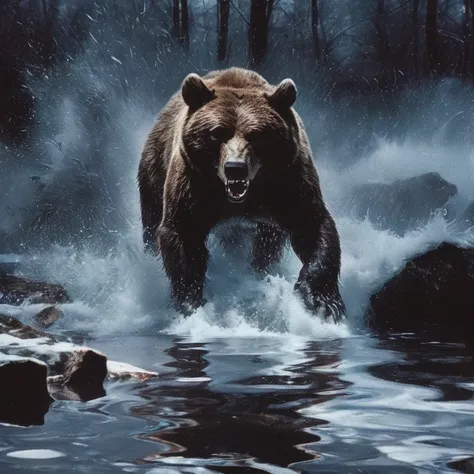 giant horror bear in water, red winter forest background