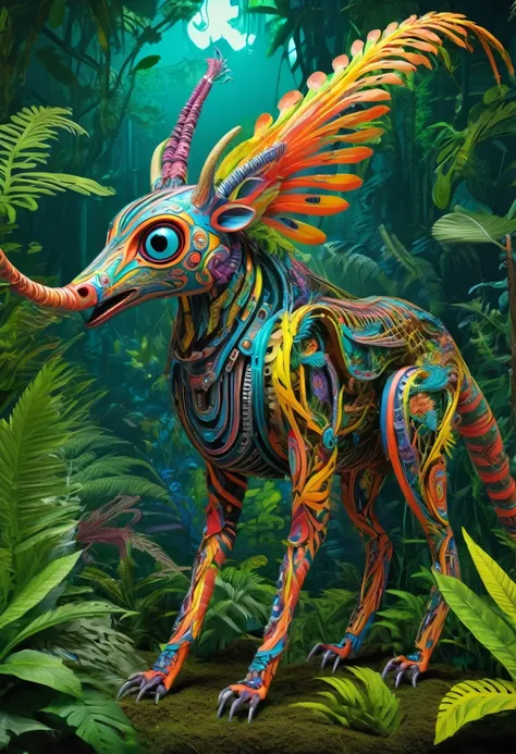 Future genetic engineering will incorporate living organisms into your artwork, Covered in fauna, flora. Alebrije, Masterpiece, hyper high definition, Axonometric view, Jungles. cyberpunk