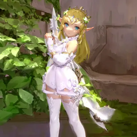 hair slicked back, there is a woman in a white dress holding a sword, elf princess, alluring elf princess knight, elf princess knight, elf girl, (((mad))) elf princess, ragnarok online, elf girl wearing an flower suit, lalafell, she has elf ears and gold e...