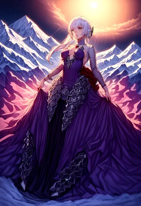 (composição perfeita, high detailed, high detailed face, 8k resolution, more detailed dress) long dress, mature woman, adult, beautiful face, white long hair, fabulous fancy purple long queen dress, closed dress, extensious dress, heels,  sitted in a ice o...