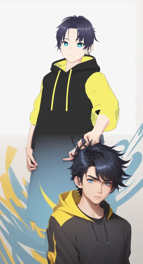 An anime-style cool young man, short dark black hair with light blue and yellow accents, sharp blue eyes, loosely combed-back hairdo, loosely swept back hairdo, visible forehead, summer black short sleeve hoodie with vivid yellow accents, beige loose pants...