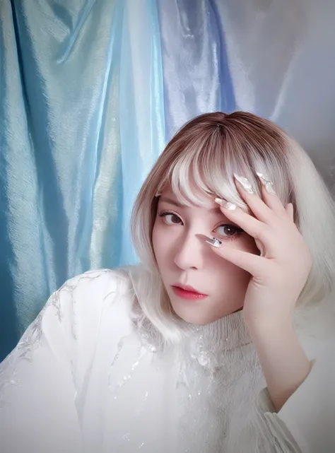 Blonde woman with white hair and blue eyes holding a cell phone., with long white hair, with long white hair, inspired by Claude Cahun, silver hair girl, white bangs, captured on canon eos r 6, inspired by Tadanori Yokoo, japanese gyaru portrait, beautiful...