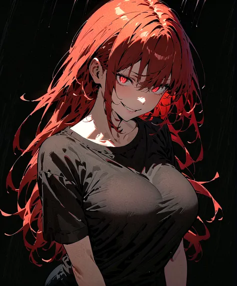 (Masterpiece:1.2, Best Quality), 1 woman, whole body, Long black t-shirt , Black shorts, Casual, big breasts,long red hair, minimal makeup,pale,Natural fabrics, closeup face, evil smile, bright red eyes circular pupils,4k high resolution,UHD, detailed line...