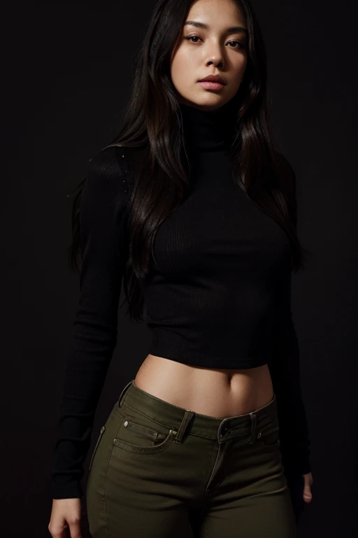 xIllustration by Dong Yang. Black background. A beautiful black woman with long brown hair. She wears a black turtleneck, and a pair of olive green skinny jeans.