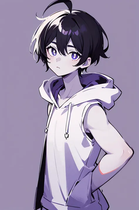 monochrome,tcoaal, solo, looking at viewer, short hair, 1boy, closed mouth,black hair, Upper body, ahoge, Sleeveless hoodie, male focus, Simple background, bright pupils, outline, white pupils, purple shirt, white outline,