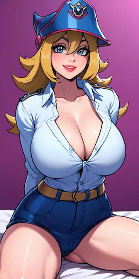 Jenny-pokemon sitting on bed, goregous police woman, sitting, perfect legs ((arms behind back)) unbutton shirt, busty, colossal cleavage, lipstick, smiling, police cap ((plain background:1.3))