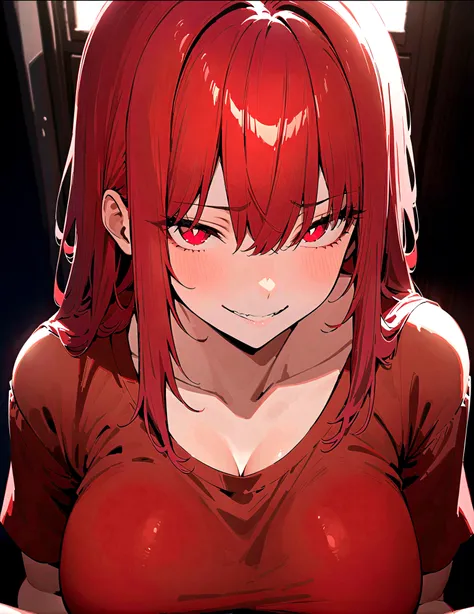 (Masterpiece:1.2, Best Quality), 1 woman, whole body, T-shirt, Casual, big breasts,long red hair, minimal makeup,pale,Natural fabrics, closeup face, evil smile, bright red eyes circular pupils,4k high resolution,UHD, detailed lines