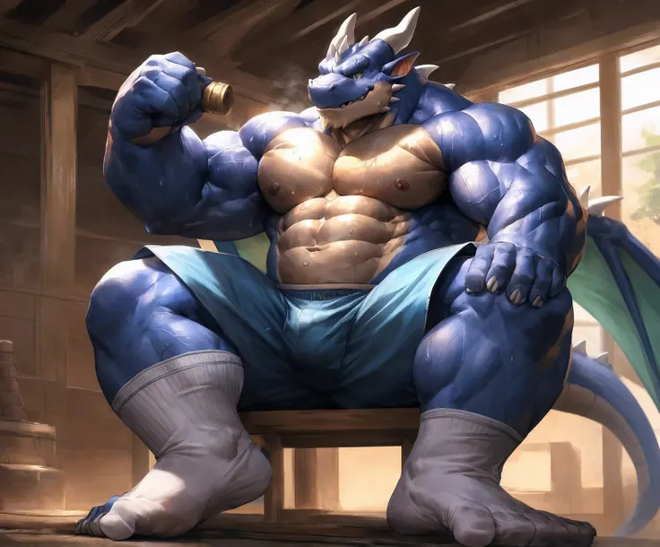 human nature, cannon, male, solitary, ((the strong，Handsome)), (dragon), Chibo，Six-pack abs，(indoor)，Feet facing the audience，Dirty white socks，Blue shorts，Sweat:1.3，high quality, (4K,high quality, high resolution, masterpiece), cartoon,by lindong