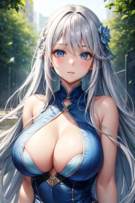 Straight silver hair and light blue eyes。Draw a complete picture of a cute girl with big breasts