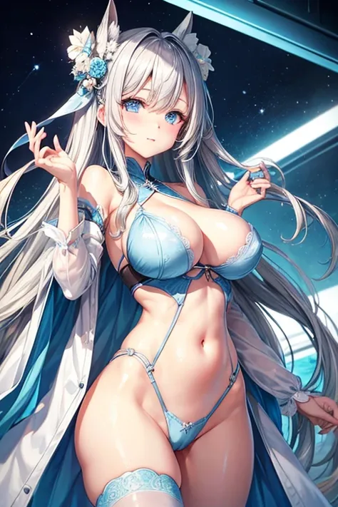 Straight silver hair and light blue eyes。Draw a complete picture of a cute girl with big breasts