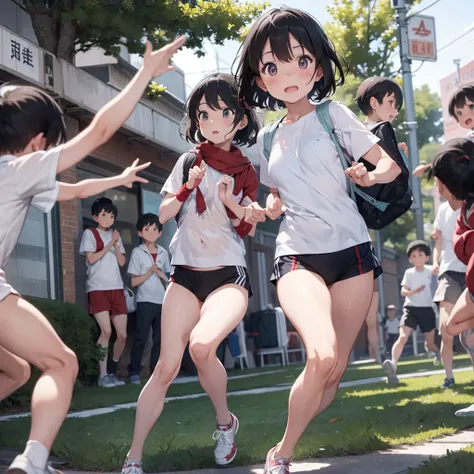 Chinese nudist girl running、Lots of close elementary school boys pushing each other with their eyes wide open、surround each other&#39;wide eyes、Laughter and joy、longshot、Group Selfies、from side