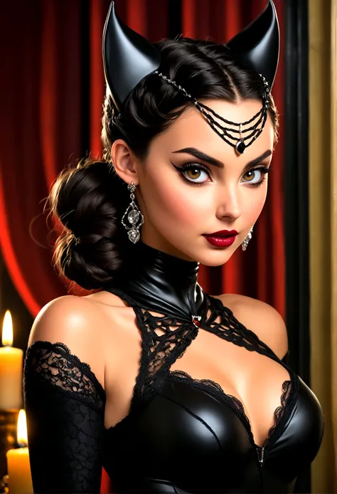 Full body shot Ana de Armas catwoman, ringlets wavy five feet long black hair, updo hairstyle with ponytail on one side and long hairpins holding the bun long braid, strong thighs, dark red glossy lips, heavy black eye shadow long black eyeliner, long shar...