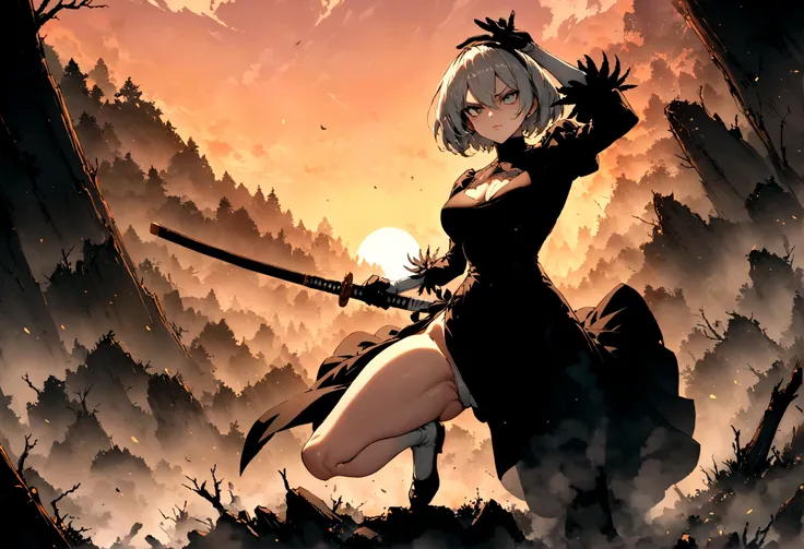 2b,(work of art), ultra detaild, fully body, soft hair, black gown, neckleace, Action, battle pose, standing with legs open, katana, wall-paper, destroyed forest background, SUNSET, smoke in the sky, sparks, serious facial expression, ideal female body, ad...