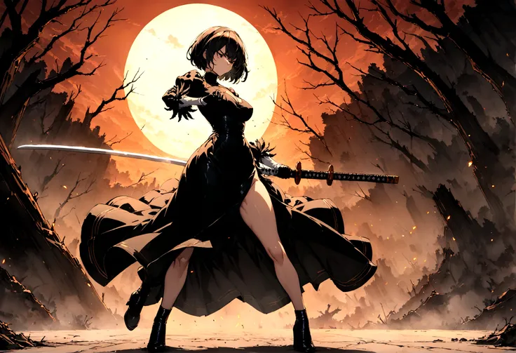 2b,(work of art), ultra detaild, fully body, soft hair, black gown, neckleace, Action, battle pose, standing with legs open, katana, wall-paper, destroyed forest background, SUNSET, smoke in the sky, sparks, serious facial expression, ideal female body, ad...