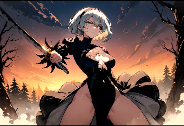 2b,(work of art), ultra detaild, fully body, soft hair, black gown, neckleace, Action, battle pose, standing with legs open, katana, wall-paper, destroyed forest background, SUNSET, smoke in the sky, sparks, serious facial expression, ideal female body, ad...