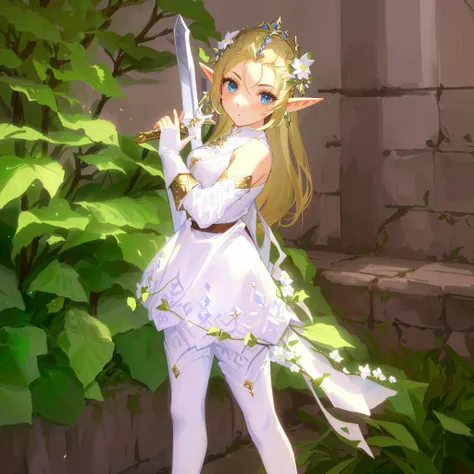 hair slicked back, masterpiece:1.2, best quality, there is a woman in a white dress holding a sword, elf princess, alluring elf princess knight, elf princess knight, elf girl, (((mad))) elf princess, ragnarok online, elf girl wearing an flower suit, lalafe...