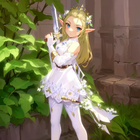 hair slicked back, masterpiece:1.2, best quality, there is a woman in a white dress holding a sword, elf princess, alluring elf princess knight, elf princess knight, elf girl, (((mad))) elf princess, ragnarok online, elf girl wearing an flower suit, lalafe...