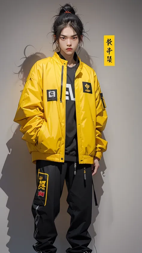 (Highest quality:1.2)。One Man。Angry expression。(Wearing a yellow jacket)。(standing)。The background is a black。(the word SELA is written on his jacket ) , cool