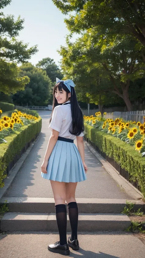 Japanese, high school girl, smiling face, young face, long black hair, long straight black hair, blue hairband, blue and black short-sleeved , light blue ribbon decoration on collar, blue pleated skirt, black socks, light brown shoes, voluptuous body, thig...