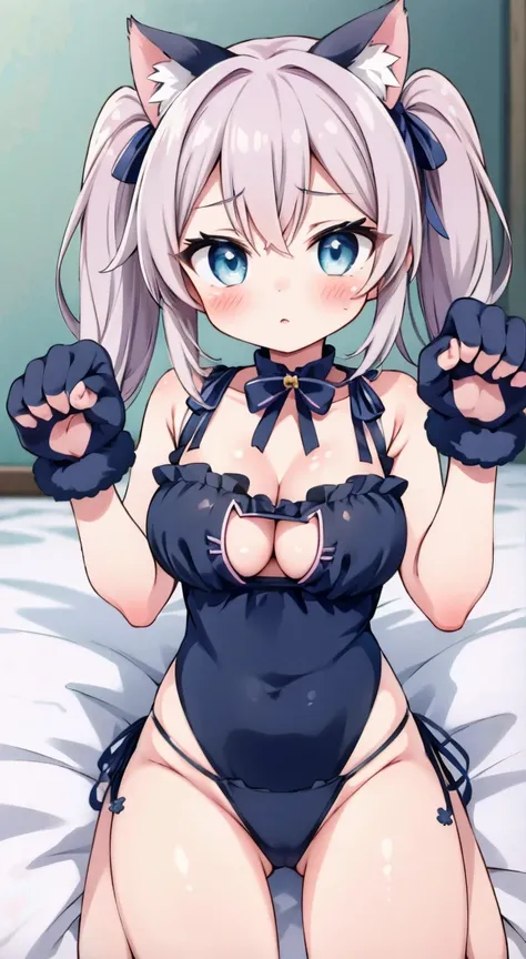 Side tie panties,The ribbon is lovely, Ribbon Panties,Cats are good, Lace panties,Twin tails,blush, full-face blush,masterpiece, Highest quality, (anime screencap:1.3),(shape), cute,(Simple:1), (anime:1.2),Solo Sharp Focus, 1 Girl, Cleavage,Looking at the ...