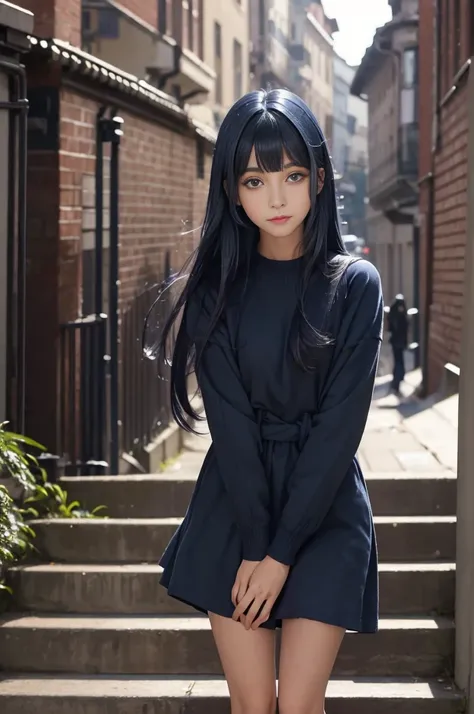 (girl standing on school steps),1 girl, Dark blue hair, Bangs, Long hair, Bright Eyes, Long eyelashes, compensate, A faint smile, Written border depth, one person&#39;point oF view, closure, From below, Wide Angle, F/1.8, 135 mm, Canon, nffsw, Retina, On t...