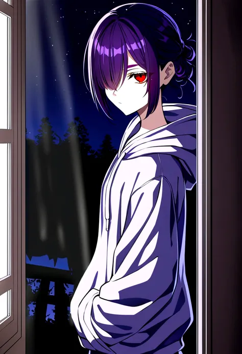 (Gender:Female), (Scene: looks in the distance through the window, darkly lit room, night outside), (Expression:no expression, no emotion), (Girls appearance: baggy hoodie and sweatpants, dark gothic makeup, small dark circles around eyes, red eyes), (Hair...