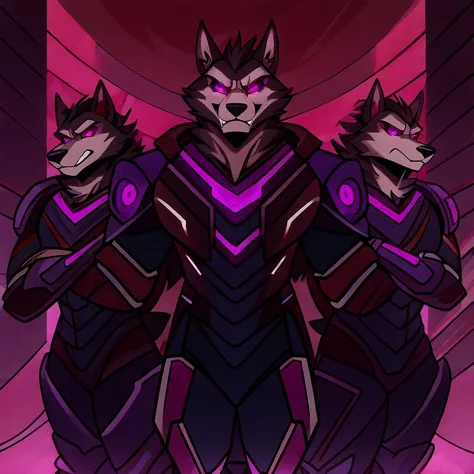 (masterpiece, best quality:1.2), group of Vortex male hellhounds, a couple of male bodyguards, wolves, furry, helluva boss, hypnotized with glowing purple eyes, angry serious face, wearing futuristic armor, using a Pulse Rifle, Energy Rifle, Futuristic ass...