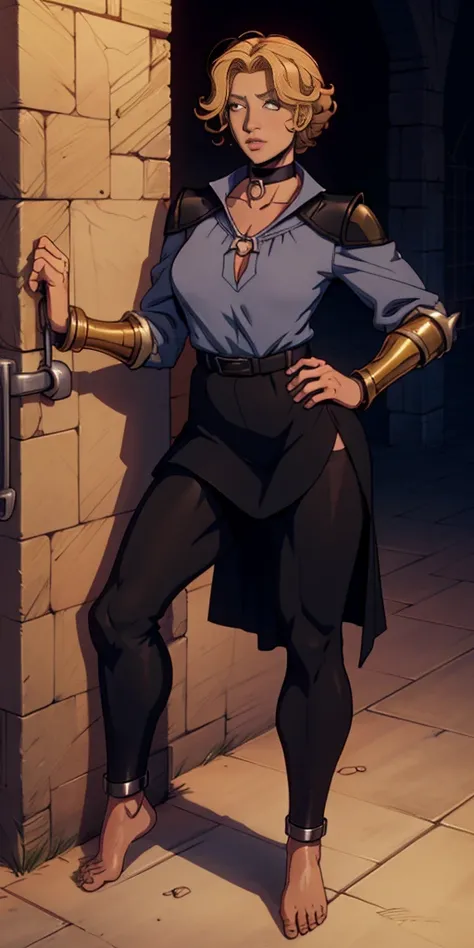 (for rest:face:lora)(long curly blonde hair) whole body, barefoot, Alone, female, big chest, linen tunic, fantasy town, armor, Handcuffs on hands with a collar around the neck, hands on the hips, slave ((black choker, leg and arm shackles))