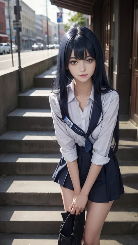 (girl standing on school steps),1 girl, Dark blue hair, Bangs, Long hair, Bright Eyes, Long eyelashes, compensate, A faint smile, Written border depth, one person&#39;point oF view, closure, From below, Wide Angle, F/1.8, 135 mm, Canon, nffsw, Retina, On t...