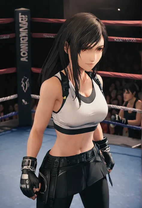 Women boxer, handsome face, sports bra, boxing gloves, toned, long black pants, boxing stance